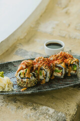 Fried shrimp rolls. Image of portion of food. 