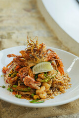 Image of plate of seafood. Dish of crabs. Crabs background