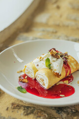 Image of sweet pancakes. Portion of food 