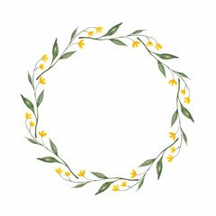 Floral frame, round wreath isolated on white. Yellow hand-drawn flowers. Watercolor border in vintage style