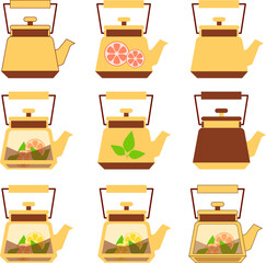 teapot with tea, lemon, orange