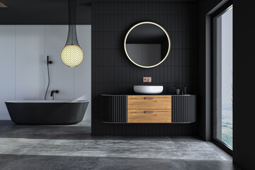 Black minimalist bathroom interior. Front view.3d Rendering - obrazy, fototapety, plakaty
