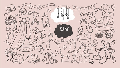 Set of hand drawn baby and newborn doodle for icon, banner. Cartoon sketch style doodle for icon, banner. Elements little baby clothes.