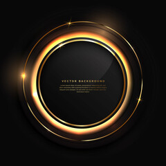 Abstract luxury gold circle lines frame on black background and glowing ligthting effect.