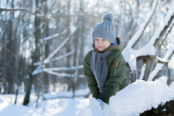 Fototapeta na wymiar little boy walking in the woods in winter