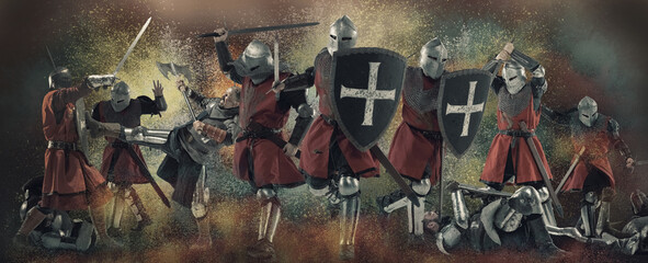 Fight, battle. Cinematic art collage with brutal serious medieval warriors or knights war clothes with swords in motion, action isolated over dark vintage background.