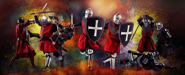 Photocollage with angry serious medieval warriors or knights war clothes with swords in motion,...