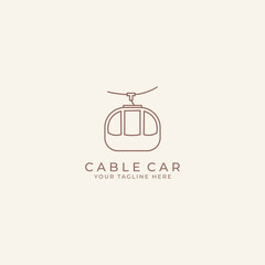 Cable car logo in mountains . Cableway cabins lifting over winter background. Ski resort landscape with ropeway, funiculars, snow and Alps. Alpine ropeway