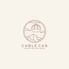Cable car logo in mountains . Cableway cabins lifting over winter background. Ski resort landscape with ropeway, funiculars, snow and Alps. Alpine ropeway