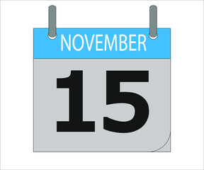 November 15th. Calendar icon. Date day of the month Sunday, Monday, Tuesday, Wednesday, Thursday, Friday, Saturday and Holidays