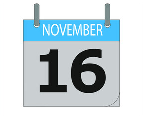 November 16th. Calendar icon. Date day of the month Sunday, Monday, Tuesday, Wednesday, Thursday, Friday, Saturday and Holidays