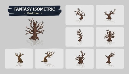 Dead Wooden Trees Fantasy game assets - Isometric Vector Illustration
