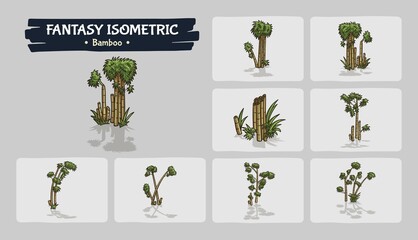 Fantasy Bamboo trees set game assets - Isometric Vector Illustration