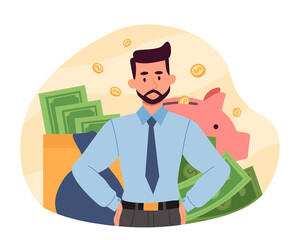 Businessman saves money. Man stands in front of wallet with banknotes and piggy bank with coins. Income increase, company growth, profit and financial literacy. Cartoon flat vector illustration