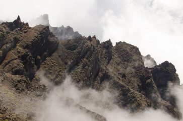 Cliffs of the Caldera de Taburiente National Park among the clouds. La Palma. Canary Islands. Spain.