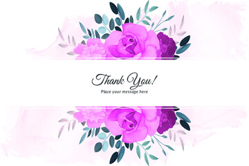 Thank you card with purple rose and green leave with watercolor Free Vector