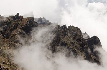 Cliffs of the Caldera de Taburiente National Park among the clouds. La Palma. Canary Islands. Spain.