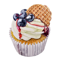 hand painted watercolor cupcake illustration with blueberry waffle and jam