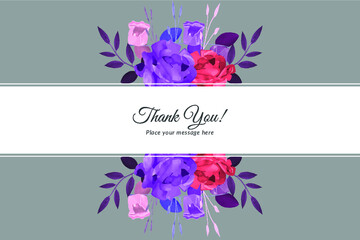 Thank you card with blue and red roses with watercolor floral frame Free Vector