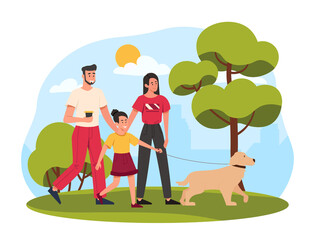 Happy family walking. Man, woman, girl and dog in city or town park. Weekends and rest, mother and father with their daughter. Good relationship, spring or summer. Cartoon flat vector illustration