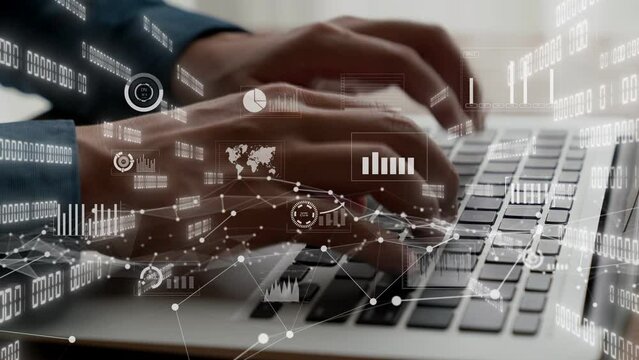 Businessman uses capable laptop computer to analyse business data analytic for marketing strategy and customer relationship management