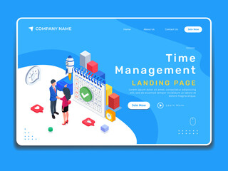 Fototapeta na wymiar Time management isometric landing page. Business people shake hands with big isometric calendar, rocket, and charts.