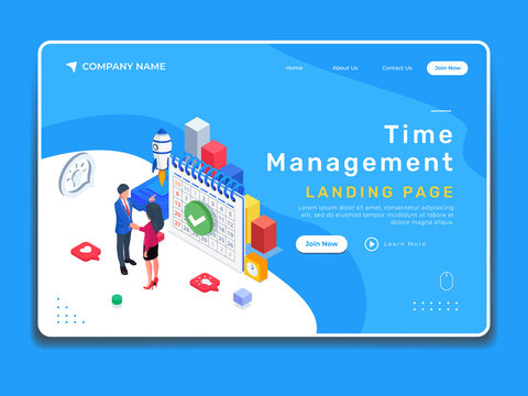 Time management isometric landing page. Business people shake hands with big isometric calendar, rocket, and charts.