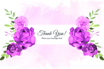 Thank you card with purple roses with watercolor floral frame Free Vector