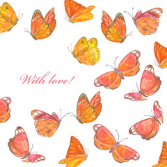 invitation card with flying butterflies. watercolor painting