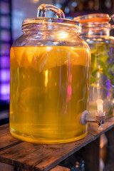 Big glass glass jar with tap filled with fresh healthy lemon lemonade drink served in bar for party