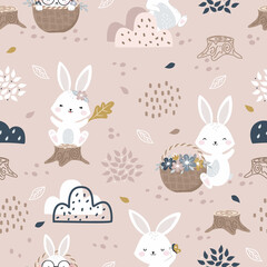 Seamless Woodland Pattern with Cute Bunny design for scrapbooking, decoration, cards, paper goods, background, wallpaper, wrapping, fabric and all your creative projects. Vector Illustration