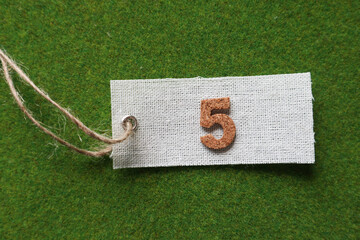 Number 5 on name tag with green background