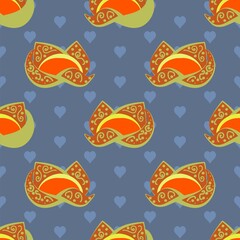 Ornate art vector seamless pattern in orange and navy with hearts and flowers