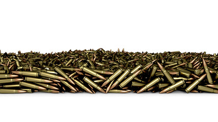 Pile of many bullets or ammunition wall, copy space background. 3d render - obrazy, fototapety, plakaty
