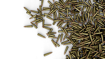 Pile of many bullets or ammunition top view  copy space background. 3d render - obrazy, fototapety, plakaty
