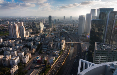 Fototapeta na wymiar Tel Aviv city aerial view above: Ayalon river and modern skyscrapers
