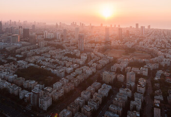 Obraz premium Tel Aviv sunset view from above. Aerial panorama