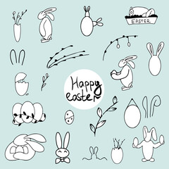 Happy Easter hand drawn vector doodles rabbit, eggs and plant