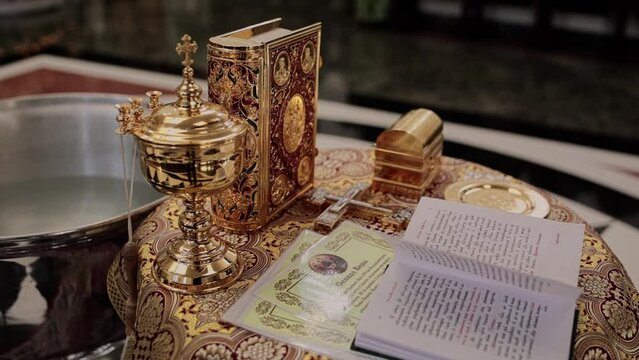 table for the priest in the church with the bible