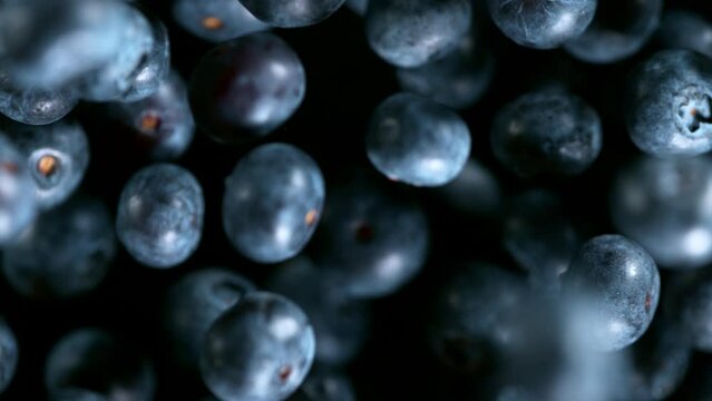 Super Slow Motion Detail Shot of Flying and Rotating Fresh Blueberries at 1000fps.