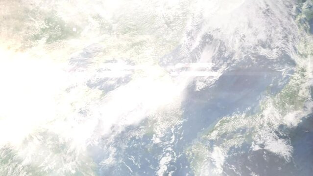 Earth zoom in from outer space to city. Zooming on Namyangju, Gyeonggi-do, South Korea. The animation continues by zoom out through clouds and atmosphere into space. Images from NASA