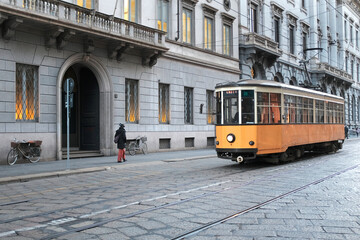 Tram on the street in Milan, Italy, November 2018 ...