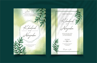 green leaves wedding invitation watercolor background template