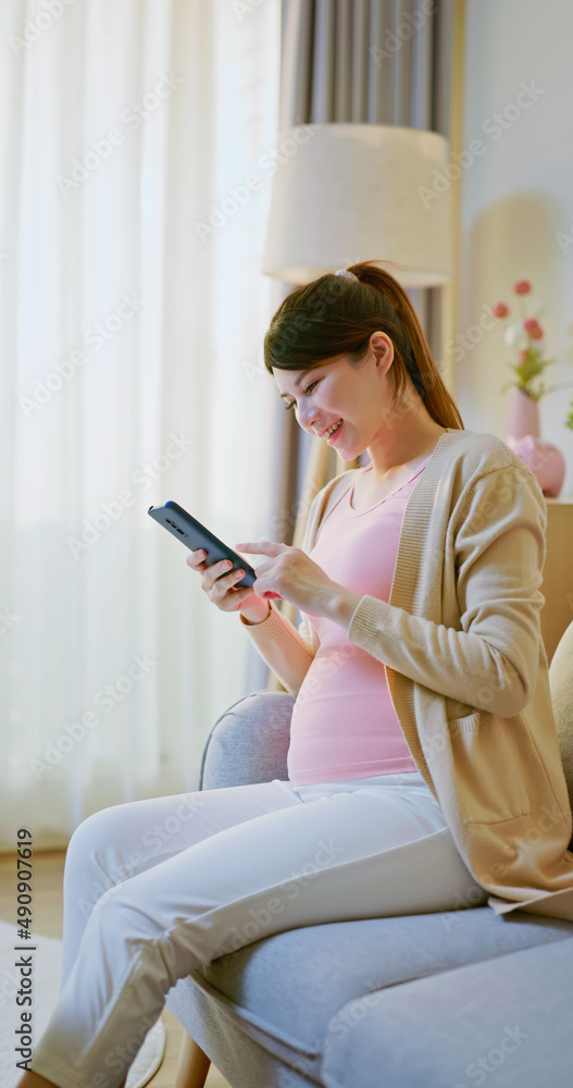 Poster asian pregnant woman use mobile