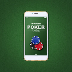 Smartphone and poker chips on a green background. Online poker concept. Gambling.