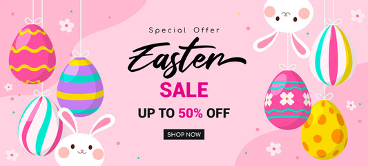 Easter Sale Banner Background Vector illustration. Hanging easter egg decorations on pink background