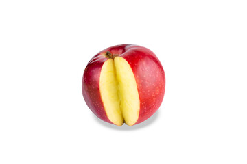 Red ripe apple with incision on white background