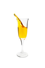 Transparent wineglass with splash of yellow liquid, isolated on white background