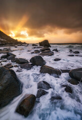 Beautiful winter Norway landscape - lofoten islands - Uttakleiv beach