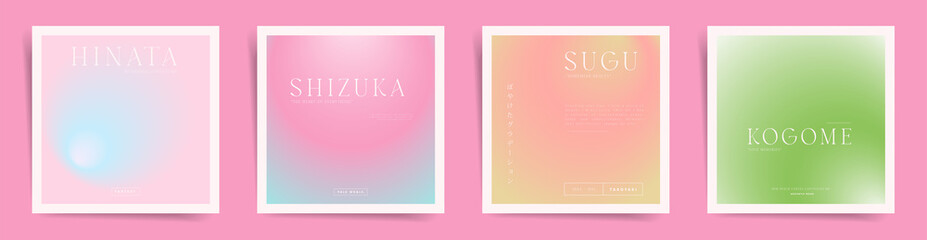 Japanese blurred gradient. Aesthetic spring square gradient cover template design set for poster, social media post, colorful album. Pastel nude duotone fashion. Vector aesthetics.
